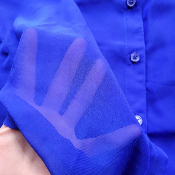 Royal Blue Sheet Top From PacSun Sheer Long Sleeve Collar Woman's Small - Picture 5 of 7